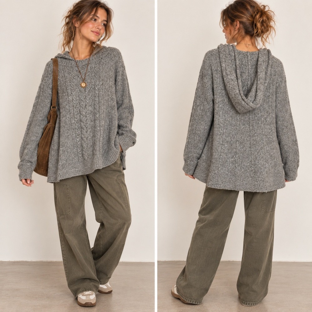 Moth Women Sweater Hooded Cable Knit Wool Blend Size M Gray Boho Gorpcore